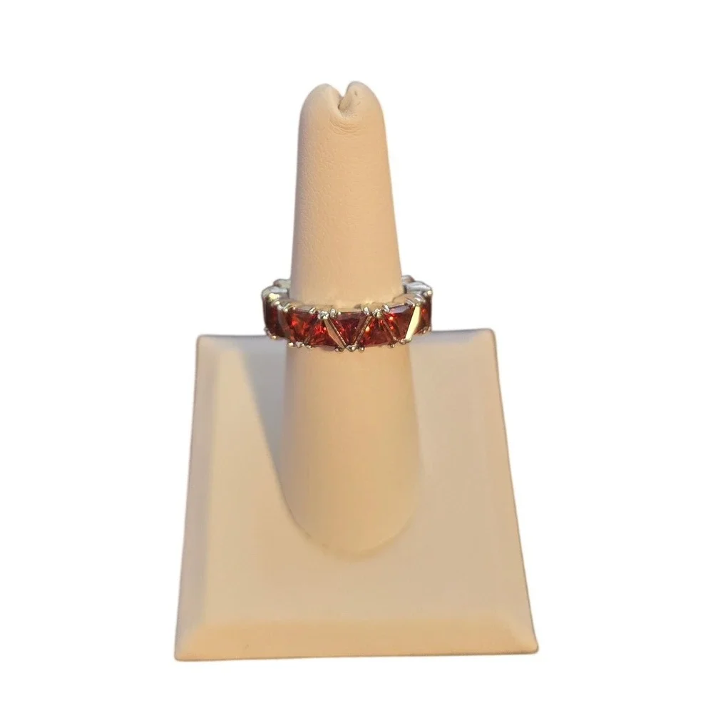 Ring Womens 7 Eternity Trillion Cut Garnet Red Silver Tone